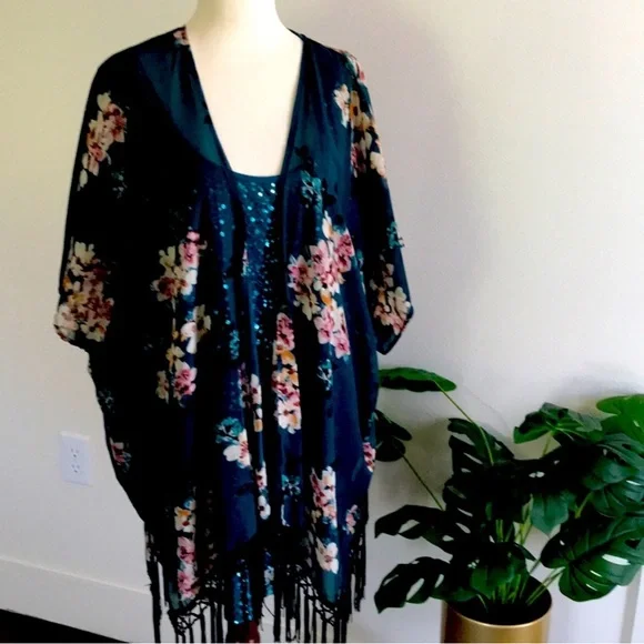 Elegant Holiday Floral Kimono Teal Wrap Shawl Only Final Sale - Picture 6 of 6